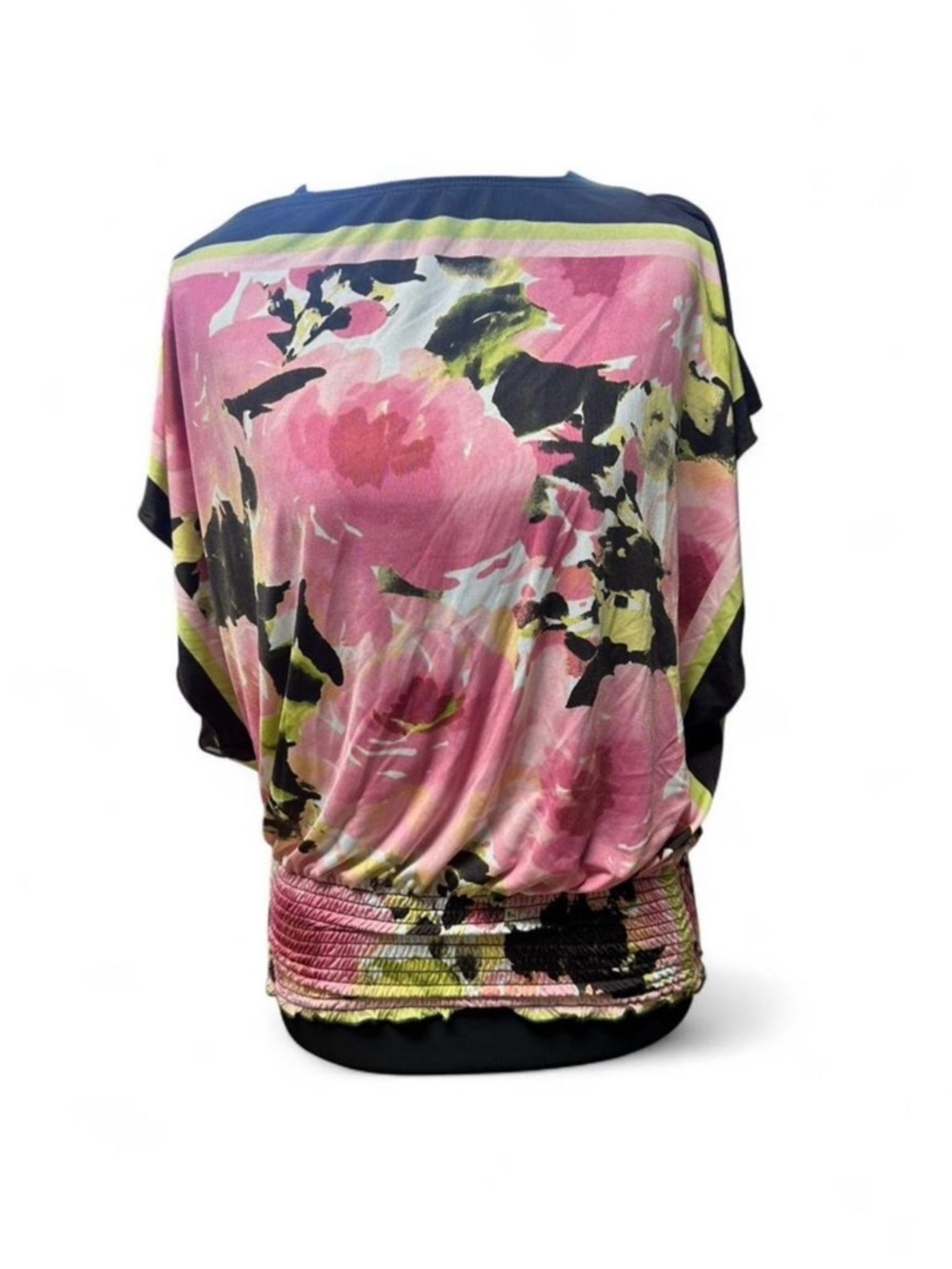 Y2K pink floral smocked waist blouse coquette 2000s dolman sleeve top size L Vtg